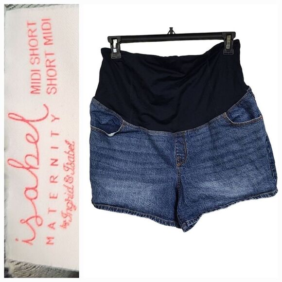 Isabel Maternity Women's Sz 14 Over Belly Midi Blue Jean Shorts Distressed Denim - Picture 6 of 9